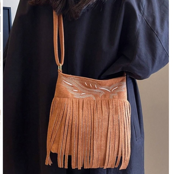 Boho Fringe Vegan Suede Hobo Shoulder Crossbody bag - Picture 5 of 12